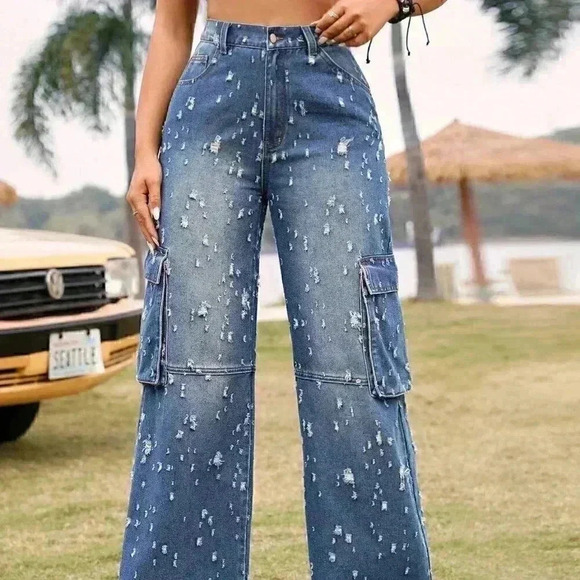 Blue Preppy Women's Ripped Workwear Pocket Denim Jeans - Picture 1 of 5